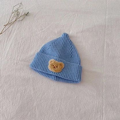 ベビー用帽子 Blue / 46-48cm 0-3Y ベビー帽子 ベアくまワッペンニットキャップビーニーニット帽【mh0007683】