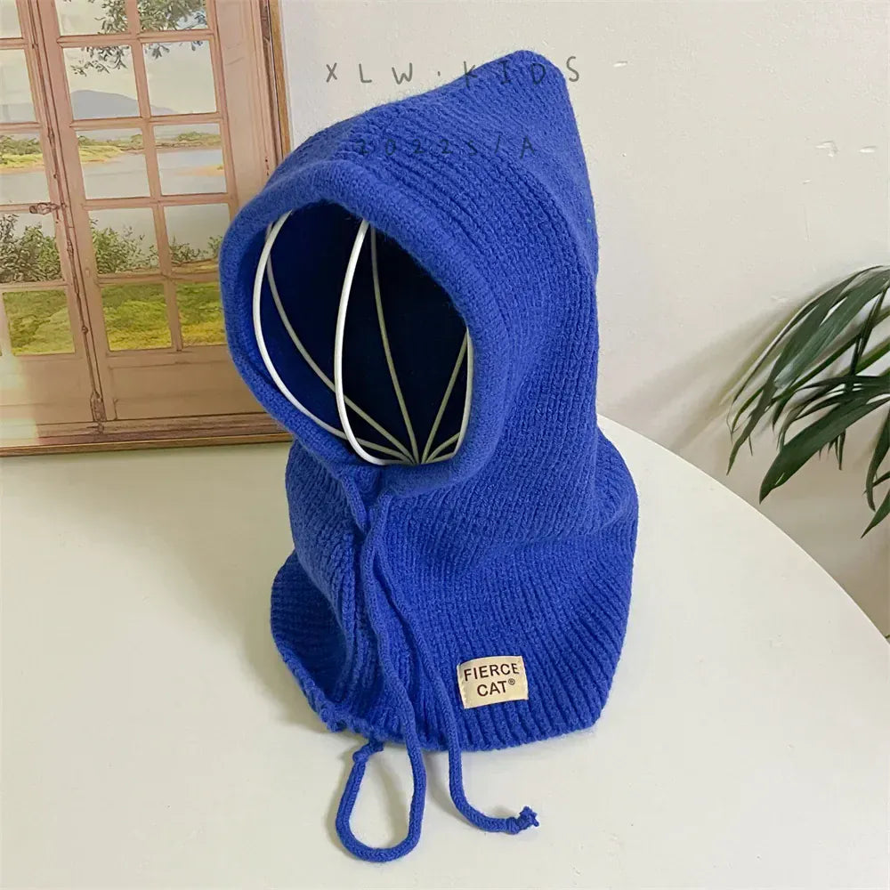 ベビー用帽子 blue / 48-53cm キッズ帽子 フーディネックウォーマー フェイスガード 頭巾タイプ 防寒 帽子