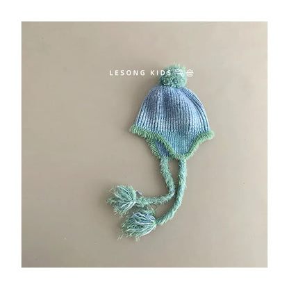 ベビー用帽子 Blue / Free size 48-53cm キッズ帽子 ボーダーぽんぽん耳付きニットキャップニット帽【mh0007582】