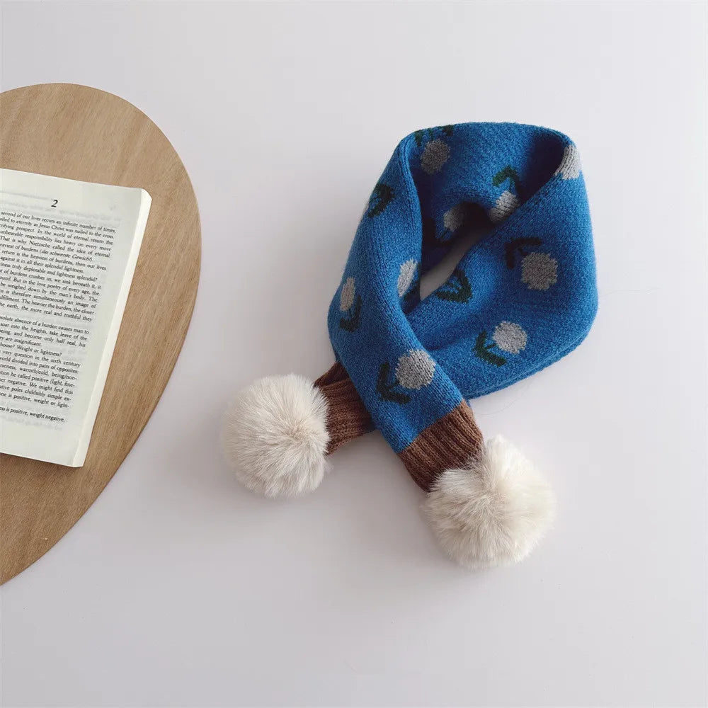 ネックウォーマー blue キッズマフラー ぽんぽん付きネックウォーマー フラワー花柄 ガールズ 女の子 子供服【mh0003327】