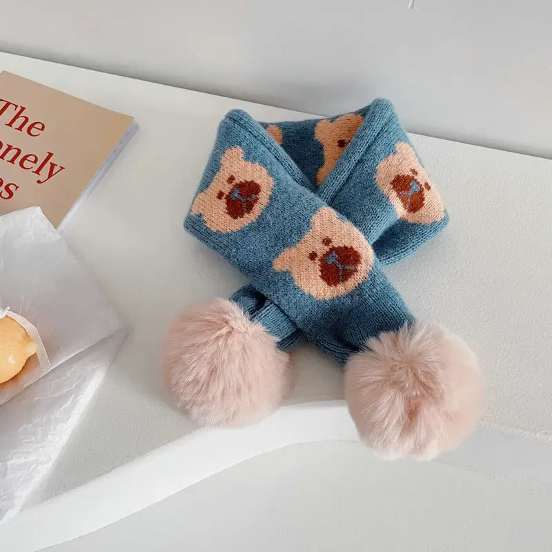 ネックウォーマー blue / One Size キッズ くま ぽんぽん付き マフラー【mh0000371】