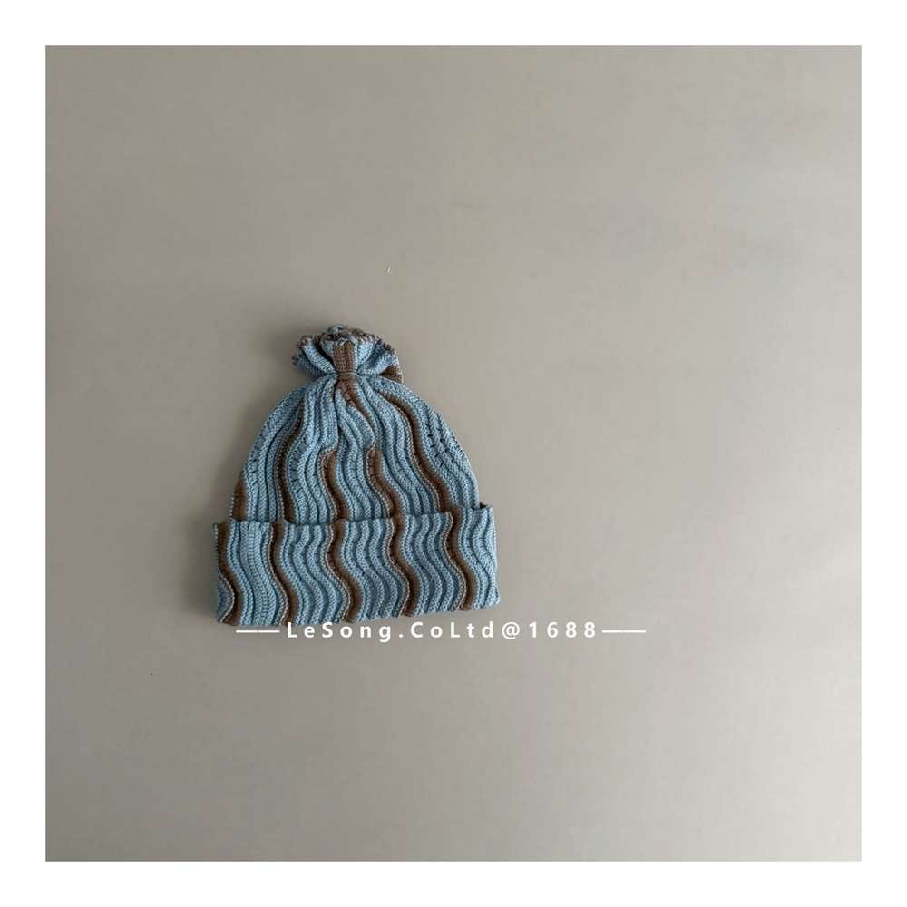 ベビー用帽子 Blue / One Size キッズ ニット帽 ウェーブ柄 ビーニー 韓国風 ニュアンスカラー【mh0011590】
