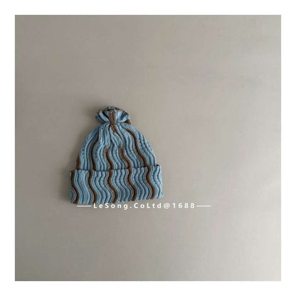 ベビー用帽子 Blue / One Size キッズ ニット帽 ウェーブ柄 ビーニー 韓国風 ニュアンスカラー【mh0011590】