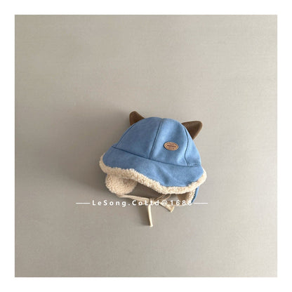 ベビー用帽子 Blue / One Size ベビー帽子 耳付き ねこ耳 スエード調 フリース 防寒 つば付き【mh0011595】