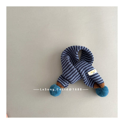 ネックウォーマー Blue / One Size キッズマフラー ボーダー ニット ぽんぽん ネックウォーマー【mh0011805】