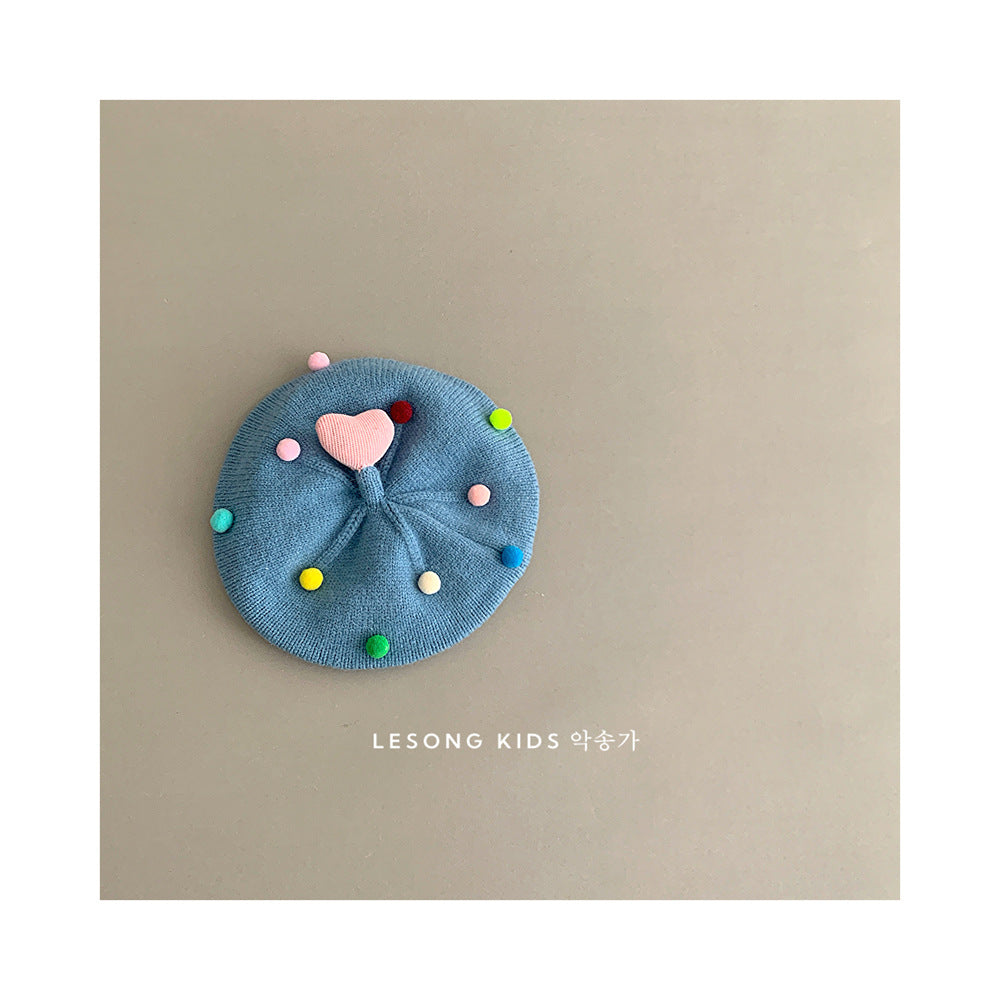 ベビー用帽子 Blue / One Size ベビー帽子 カラフルぽんぽん ハート ニット ベレー帽【mh0011842】