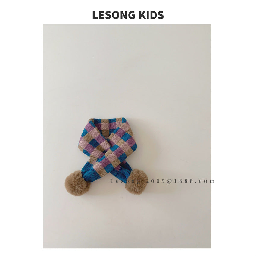 ネックウォーマー Blue / One Size キッズマフラー カラフル ブロックチェック ぽんぽん ネックウォーマー【mh0011843】