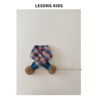 ネックウォーマー Blue / One Size キッズマフラー カラフル ブロックチェック ぽんぽん ネックウォーマー【mh0011843】