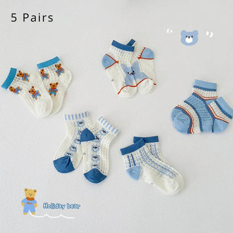 ベビー用靴下・タイツ Blue / S キッズソックス 靴下5足セット カラフル メッシュ サマーショートソックス【mh0006102】