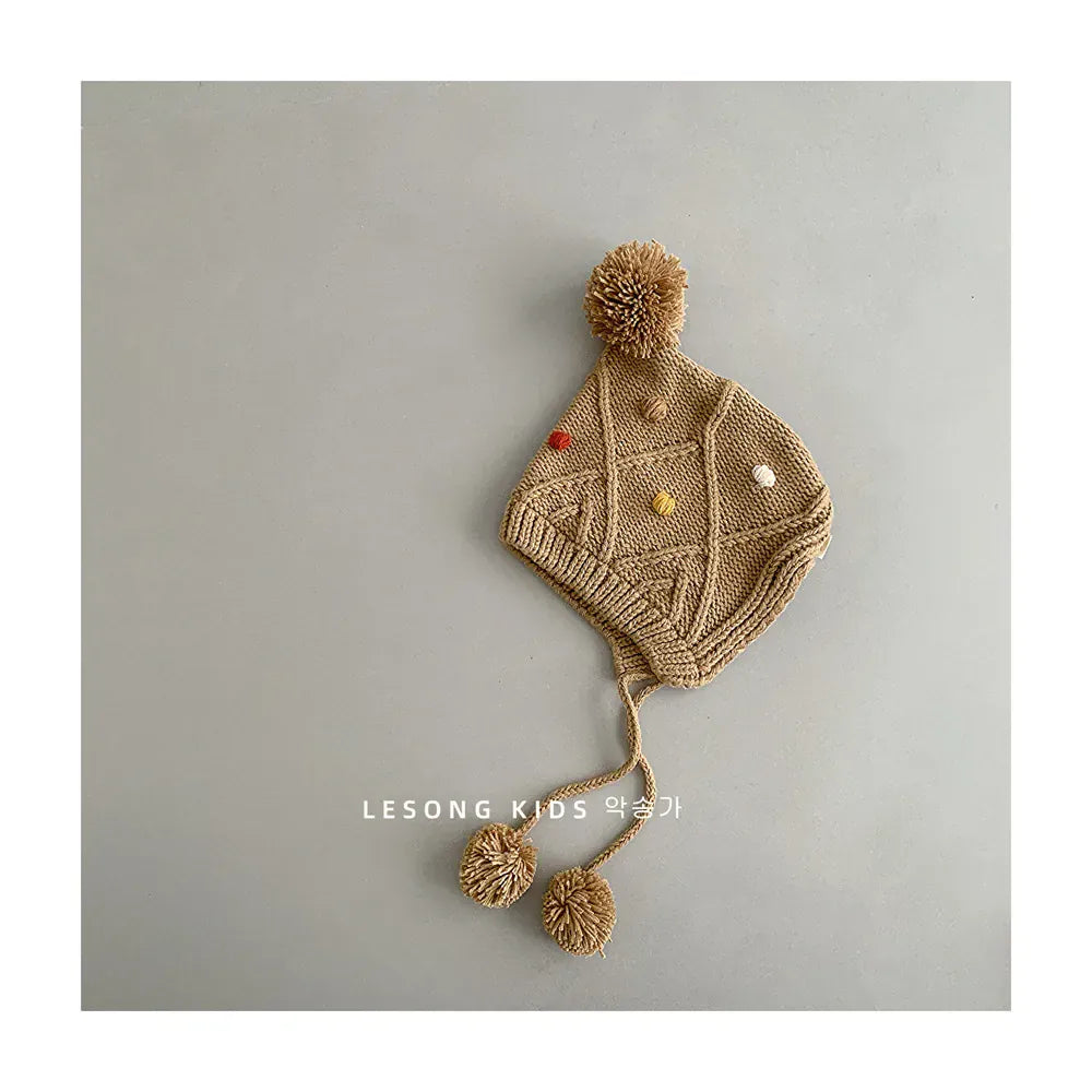 ベビー用帽子 Brown / 44-48cm ベビー帽子 ポンポン付きニットキャップボンネット 5カラー【mh0006952】