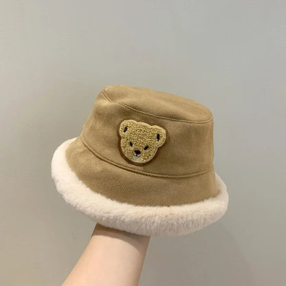 ベビー用帽子 brown / 46-52cm キッズ帽子 バケットハット ボアフリース 防寒 クマベアワンポイント 5カラー ユニセックス 男の子 女の子 子供服