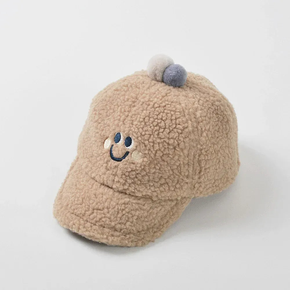 ベビー用帽子 Brown / 46cm ベビーキッズ帽子 スマイルフェイス刺繍ボアフリース野球帽キャップ【mh0008634】