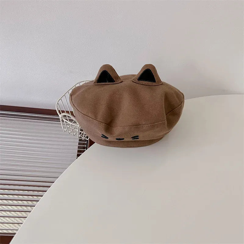 ベビー用帽子 brown / One Size キッズ帽子 ねこ 猫 キャット 刺繍 ベレー帽 耳付き ハット