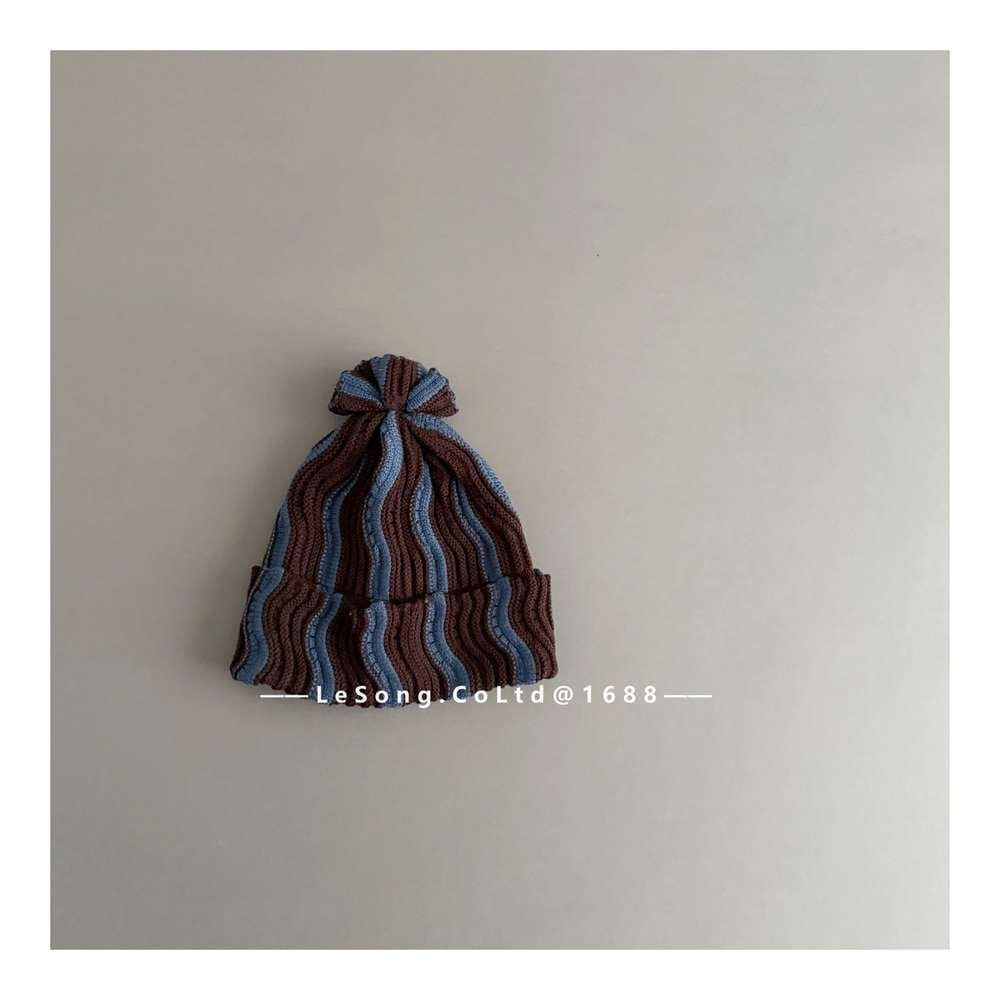 ベビー用帽子 Brown / One Size キッズ ニット帽 ウェーブ柄 ビーニー 韓国風 ニュアンスカラー【mh0011590】