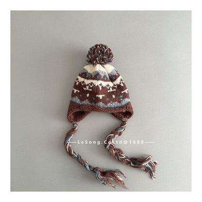 ベビー用帽子 Brown / One Size キッズ帽子 ジャカードニット ぽんぽん 耳当て付き 三つ編みコード【mh0011803】