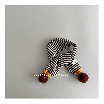 ネックウォーマー Brown / One Size キッズマフラー ボーダー ニット ぽんぽん ネックウォーマー【mh0011805】