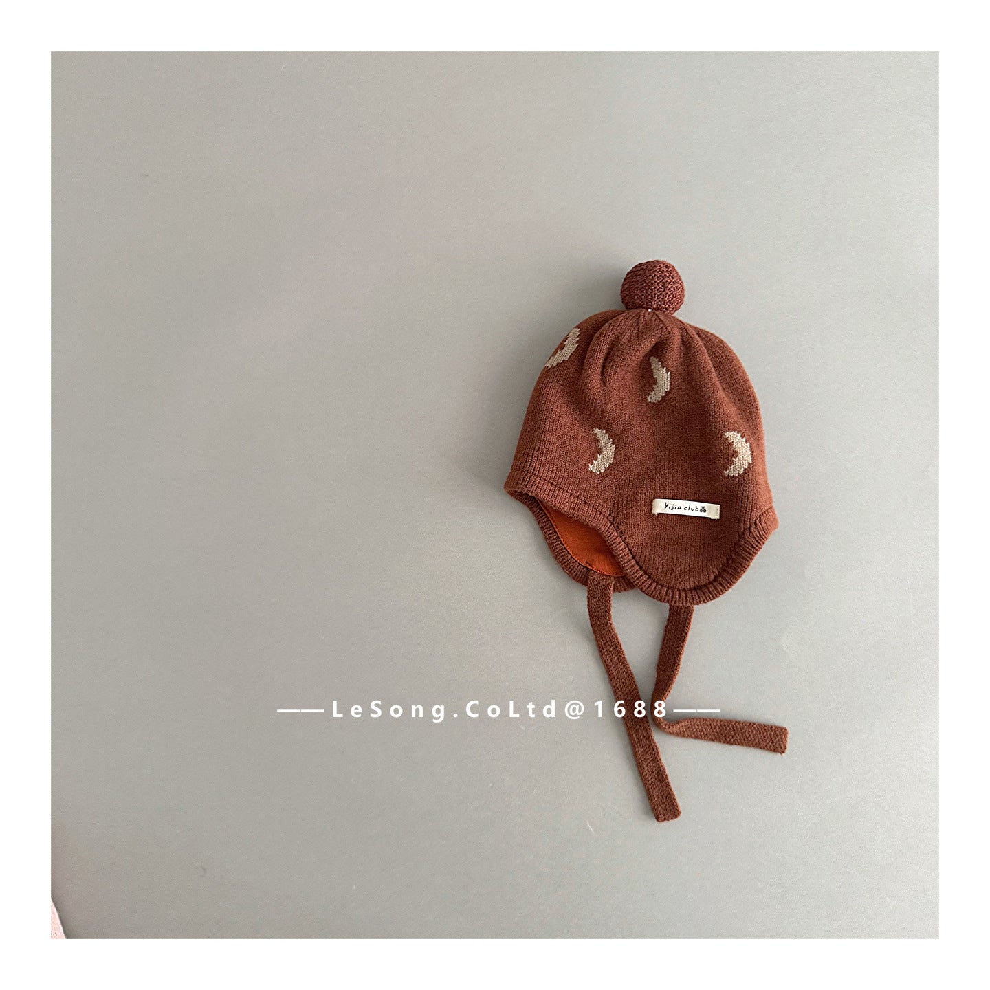 ベビー用帽子 Brown / One Size ベビー帽子 チェリー/ムーン月 ニット 耳当て付き ニットキャップ【mh0011829】