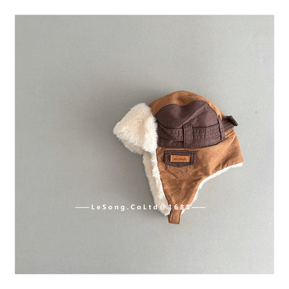 ベビー用帽子 Brown / One Size キッズ帽子 裏ファーフリース ベルトデザイン 耳当て付き フライトキャップ【mh0011840】