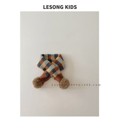 ネックウォーマー Brown / One Size キッズマフラー カラフル ブロックチェック ぽんぽん ネックウォーマー【mh0011843】