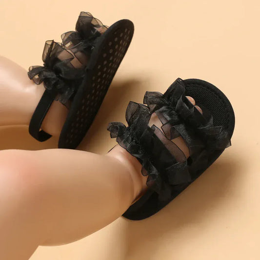 ベビー用靴 C-679black / 11cm 0-6 Months ベビーシューズ サンダル チュチュチュールフリル ストラップシューズ ファーストシューズ 靴【mh0005702】