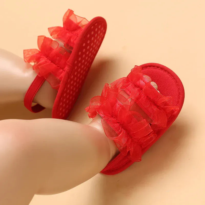 ベビー用靴 C-679red / 11cm 0-6 Months ベビーシューズ サンダル チュチュチュールフリル ストラップシューズ ファーストシューズ 靴【mh0005702】