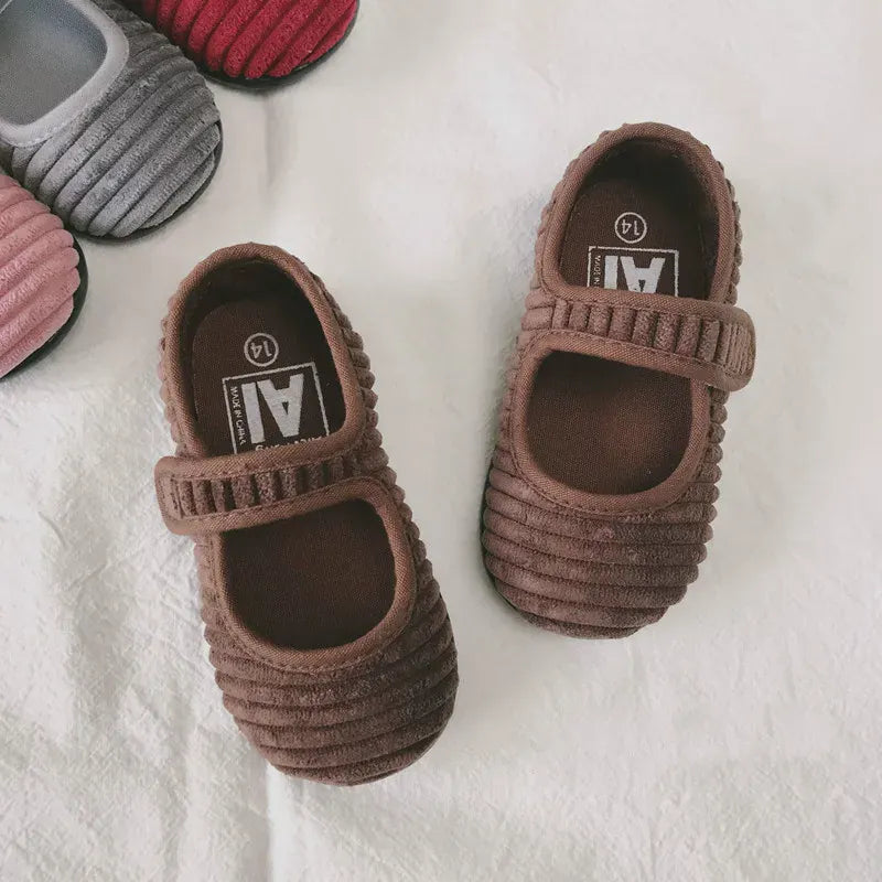 靴 coffee / 13 (length 13cm) ベビー キッズ コーデュロイ ストラップ シューズ バレエ シューズ 靴
