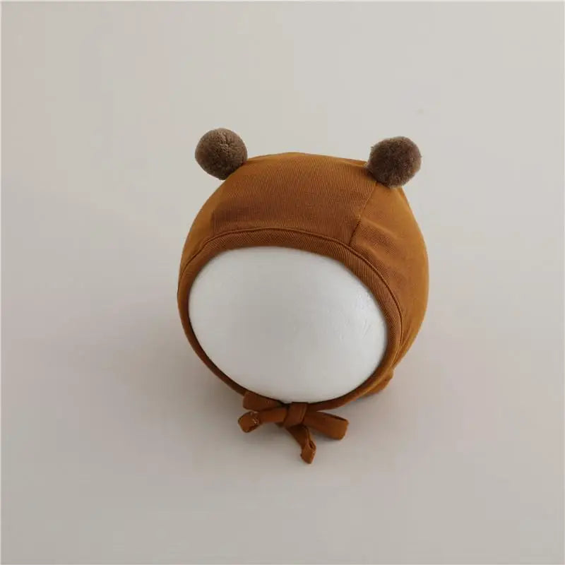 ベビー用帽子 coffee / 42-46cm / 取り寄せ（7〜30日） ベビー帽子 くま耳 ぽんぽん ボンネット 薄手