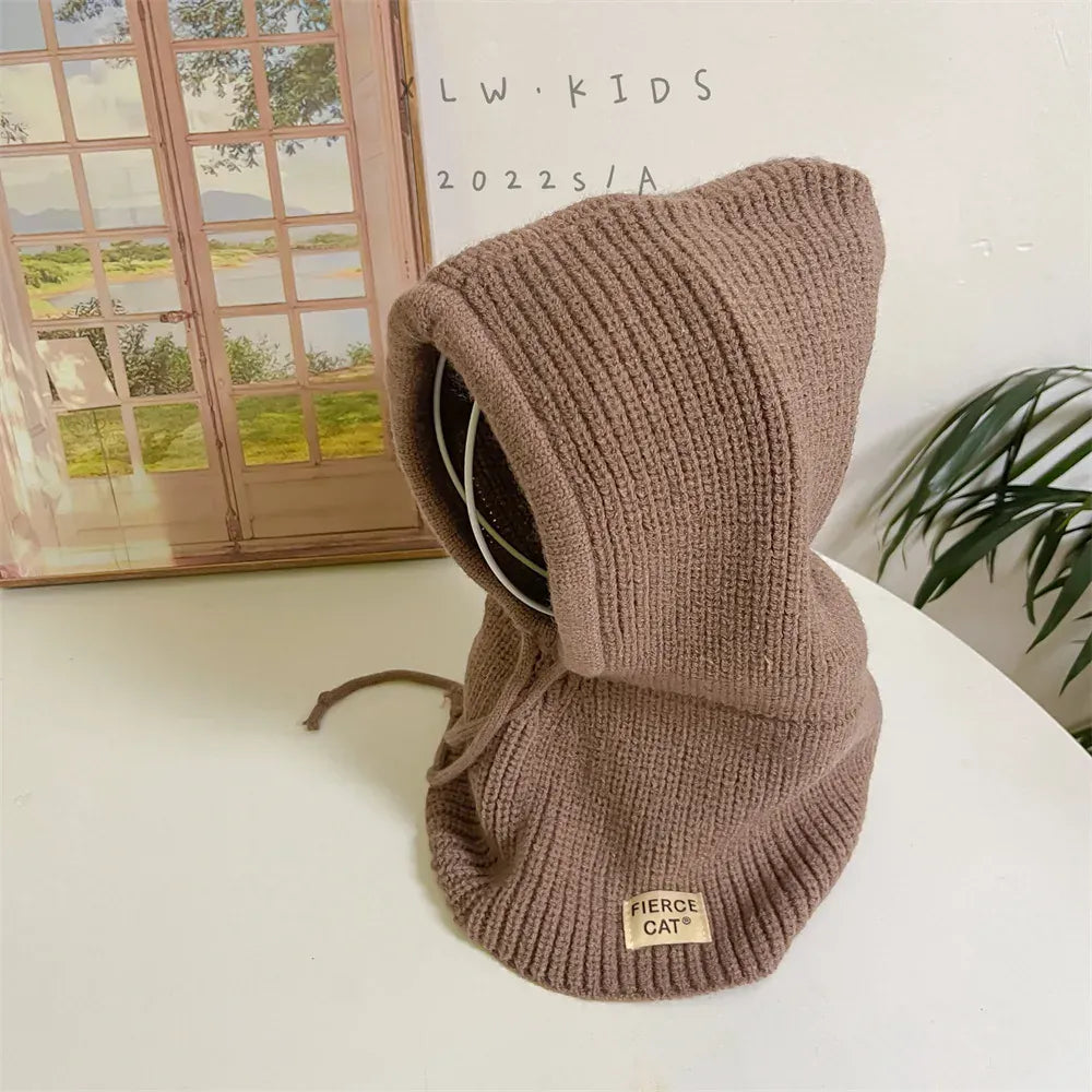 ベビー用帽子 coffee / 48-53cm キッズ帽子 フーディネックウォーマー フェイスガード 頭巾タイプ 防寒 帽子