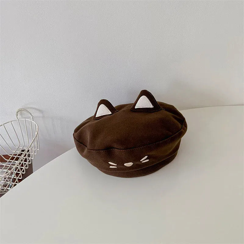 ベビー用帽子 coffee / One Size キッズ帽子 ねこ 猫 キャット 刺繍 ベレー帽 耳付き ハット