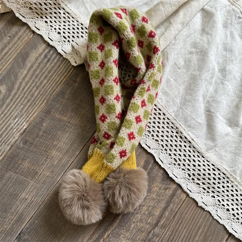 ネックウォーマー color 2 キッズマフラー ニット ネックウォーマー ぽんぽん付き チェック 10カラー【mh0003738】