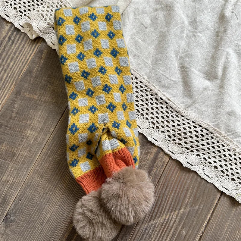 ネックウォーマー color 3 キッズマフラー ニット ネックウォーマー ぽんぽん付き チェック 10カラー【mh0003738】