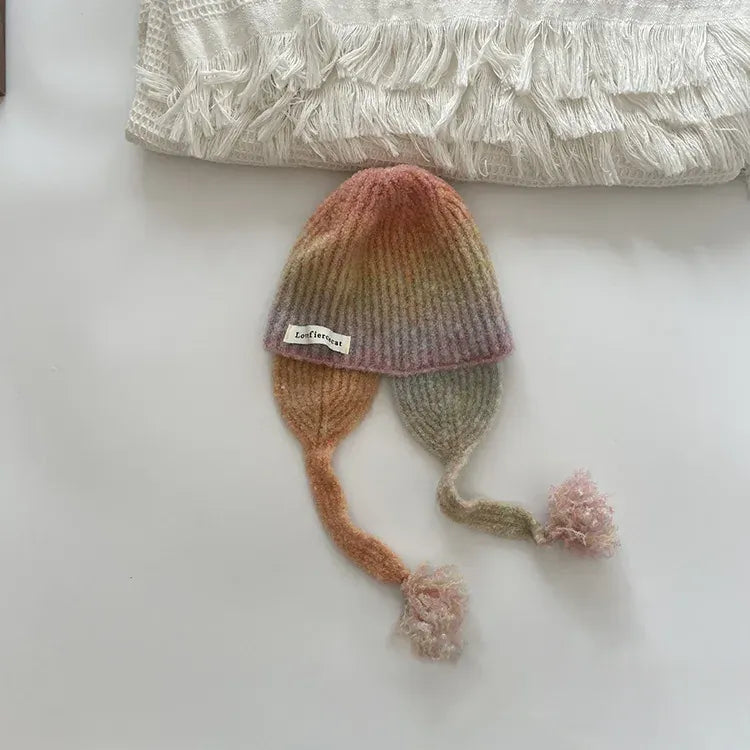 ベビー用帽子 color 4 / 50-54cm キッズニットキャップ 耳あて付きニット帽 レインボーカラー 帽子 4カラー ユニセックス 男の子 女の子 子供服