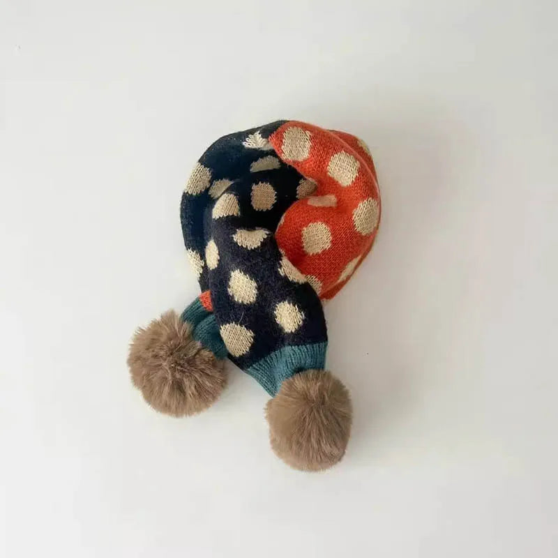 ネックウォーマー color 9 / One Size キッズマフラー ニット ネックウォーマー ぽんぽん付き 水玉ポルカドット チェック 12カラー【mh0003739】