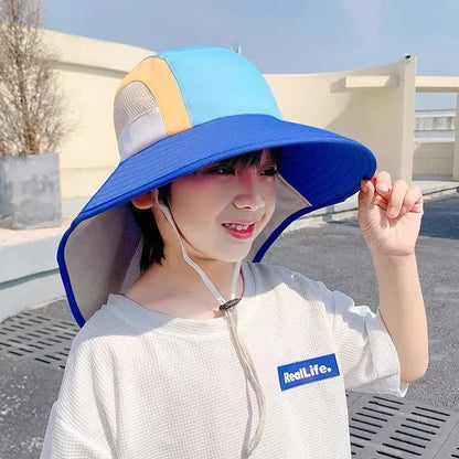 ベビー用帽子 Dark Blue キッズ帽子 ワイド ビッグブリム 日除け帽子 サマーハット サンハット パッチワークデザイン【mh0006004】