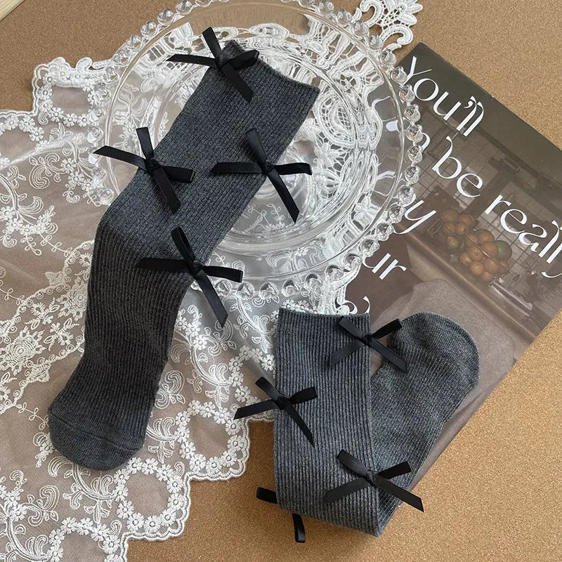 ベビー用靴下・タイツ Dark Grey / free 1-13year キッズソックス リボンハイソックス【mh0007562】