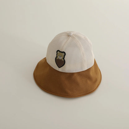 ベビー用帽子 dark khaki / 48-52cm キッズ帽子 メッシュ バケットハット ハート ベアくまワッペン サマーハット