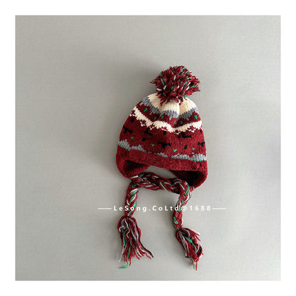 ベビー用帽子 Dark Red / One Size キッズ帽子 ジャカードニット ぽんぽん 耳当て付き 三つ編みコード【mh0011803】