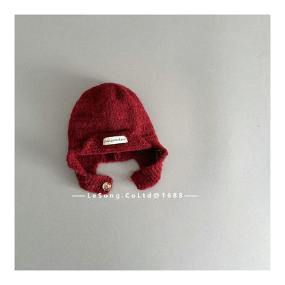 ベビー用帽子 Dark Red / One Size ベビー帽子 ニット ブリム 耳当て付き シンプル ニットキャップ【mh0011830】