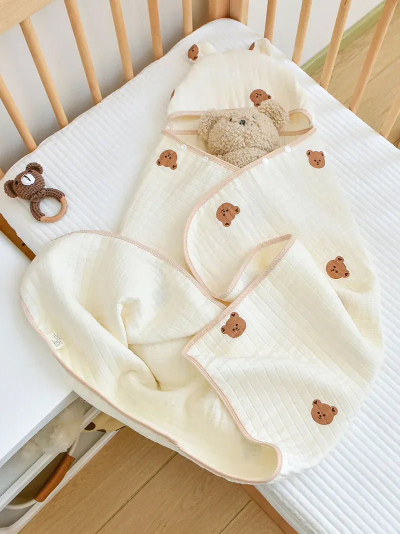 ベビーブランケット・タオル full bear / 70x100 cm ベビータオル 耳付きフーディおくるみ スワドル ブランケット