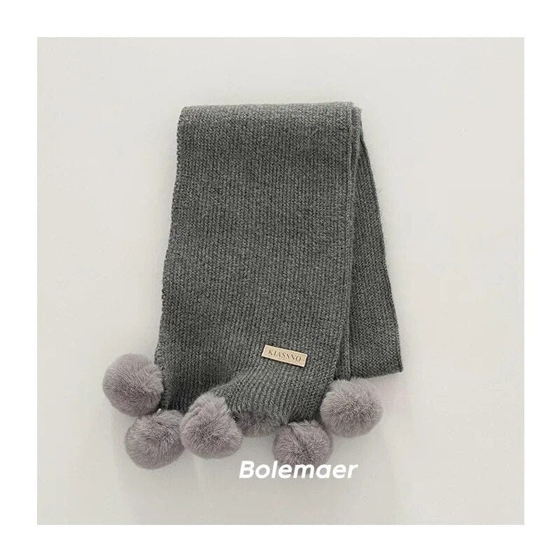 ネックウォーマー Gray / 130x20cm キッズマフラー スカーフ ニット ぽんぽん付き ネックウォーマー 9カラー ガールズ 女の子 子供服【mh0003109】