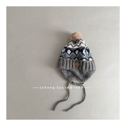 ベビー用帽子 Gray / One Size キッズ ニット帽 ノルディック柄 耳当て付き ボンボン 韓国風【mh0011593】