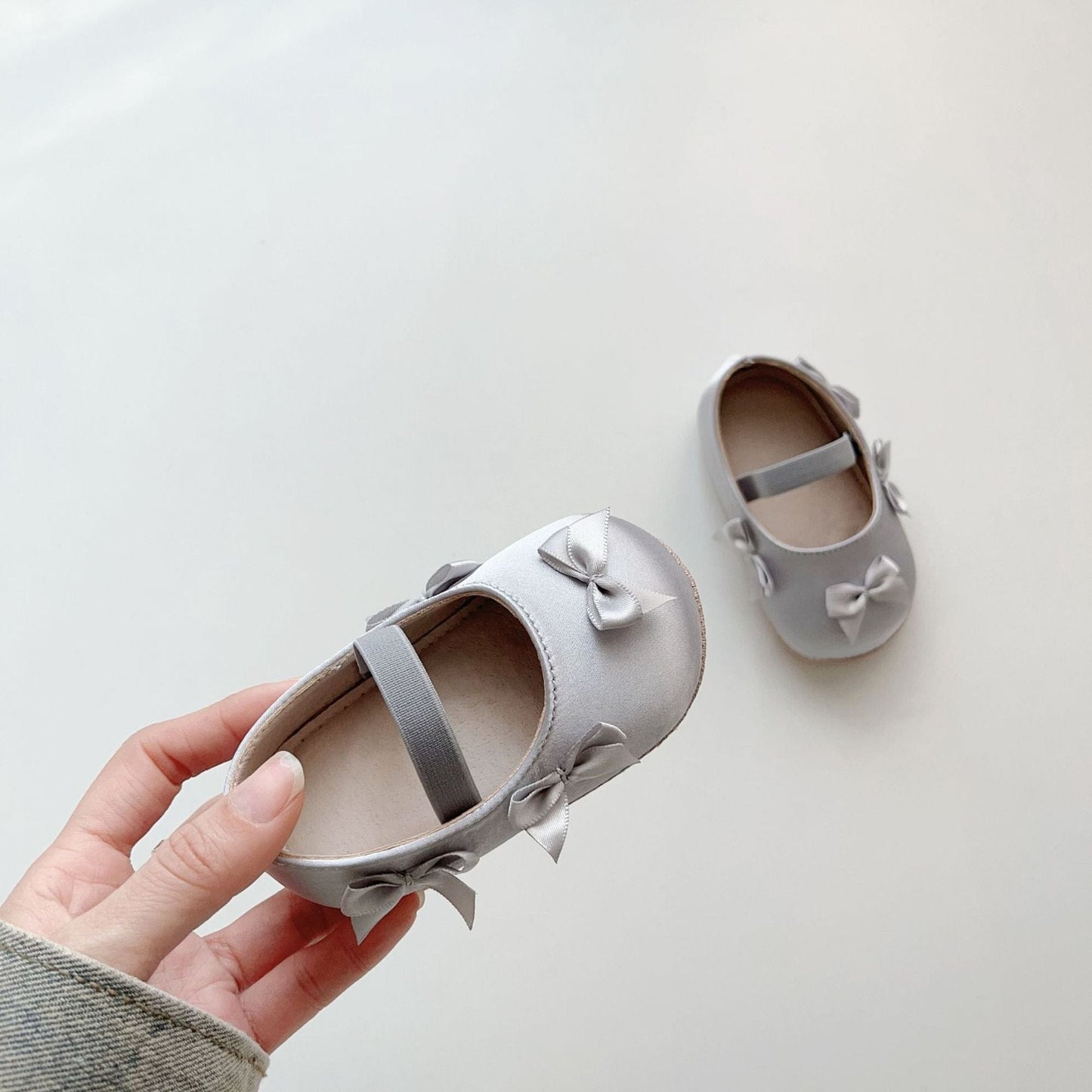ベビー用靴 Gray / S (inseam 11 cm) ベビーシューズ リボンストラップフラットバレエシューズ【mh0009715】