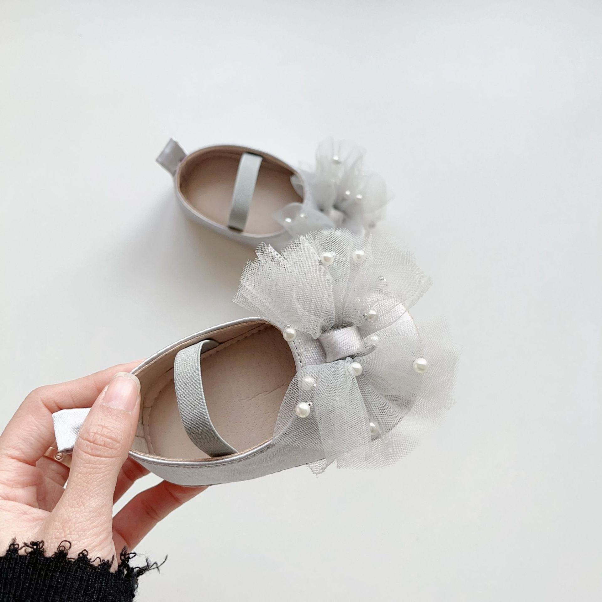 ベビー用靴 Gray / S (inseam 11 cm) ベビーシューズ チュールリボンパールフラットバレエシューズ【mh0009717】