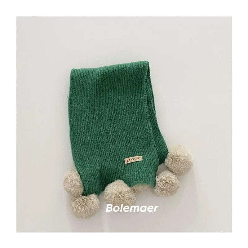 ネックウォーマー Green / 130x20cm キッズマフラー スカーフ ニット ぽんぽん付き ネックウォーマー 9カラー ガールズ 女の子 子供服【mh0003109】