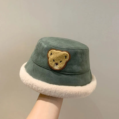 ベビー用帽子 green / 46-52cm キッズ帽子 バケットハット ボアフリース 防寒 クマベアワンポイント 5カラー ユニセックス 男の子 女の子 子供服