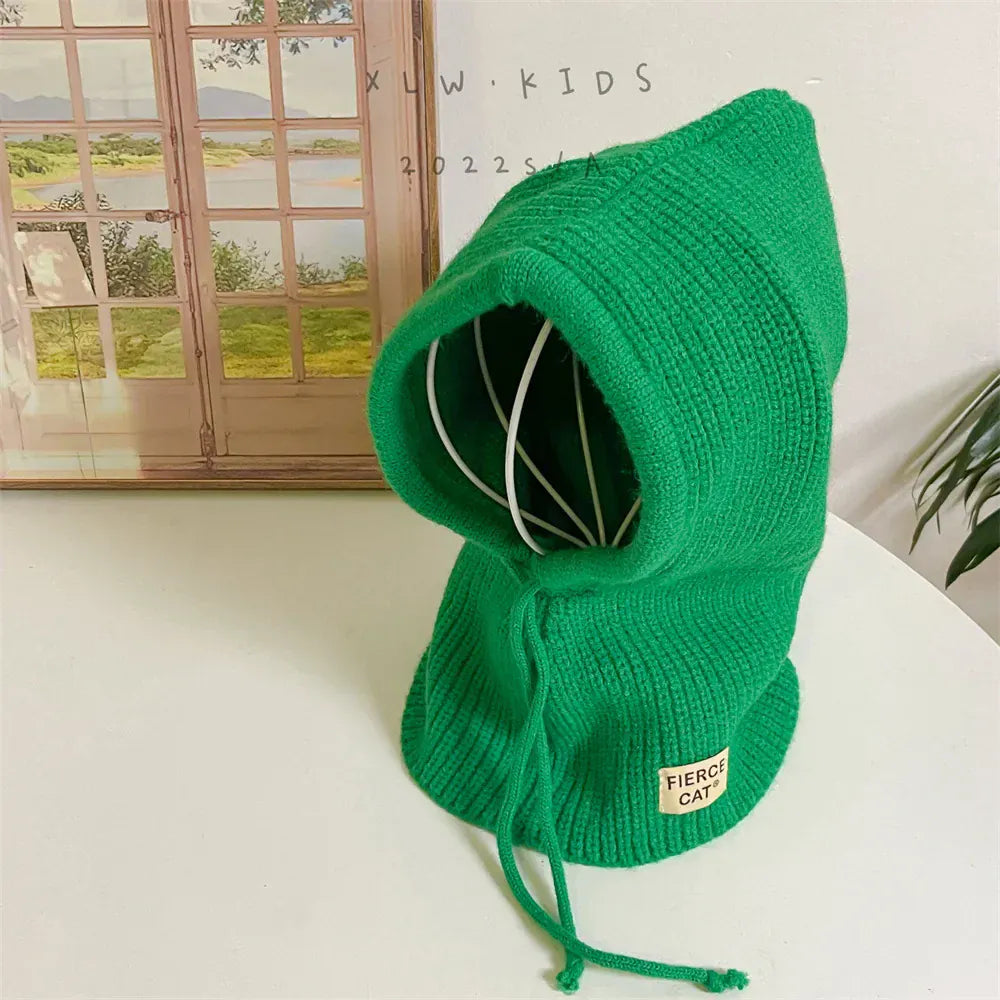 ベビー用帽子 green / 48-53cm キッズ帽子 フーディネックウォーマー フェイスガード 頭巾タイプ 防寒 帽子