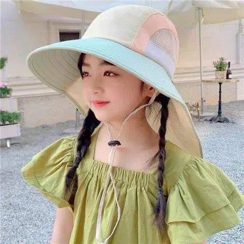 ベビー用帽子 Green キッズ帽子 ワイド ビッグブリム 日除け帽子 サマーハット サンハット パッチワークデザイン【mh0006004】