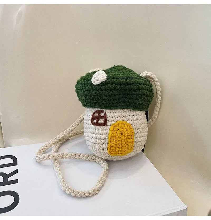 メッセンジャーバッグ Green キッズバッグ ニットポシェット きのこハウス家デザインメッセンジャーバッグ 鞄【mh0007713】