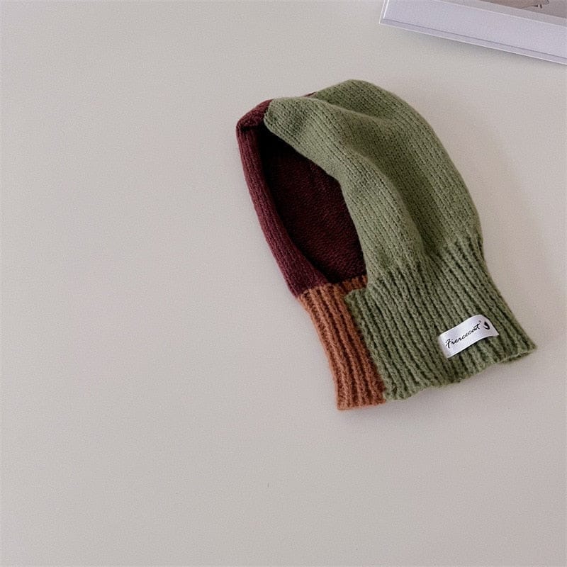 ベビー用帽子 green / one size キッズ帽子 ニットフーディ フード付きネックウォーマー カラフルパッチワーク 4カラー ファッション小物 ユニセックス 男の子 女の子