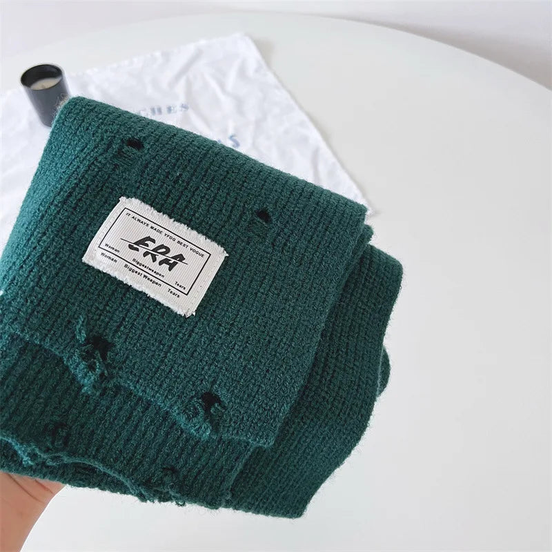 ネックウォーマー Green / One Size キッズマフラー ネックウォーマー ニットスカーフ 無地 ダメージ加工【mh0004136】